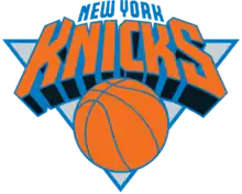 Logotype des Knicks : ballon de basket et nom de la franchise, en orange et en bleu.