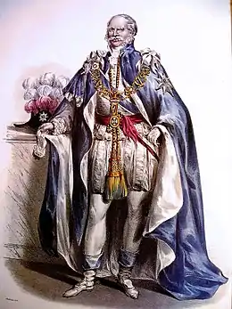 Gravure coloriée montrant un vieil homme en tenue de chevalier de l'ordre de Saint-Patrick.