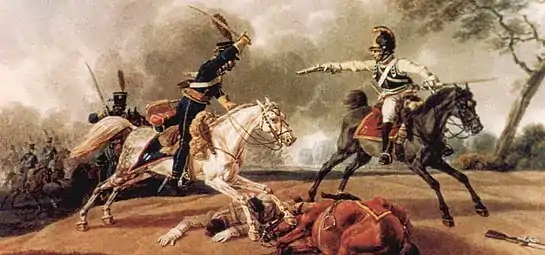 Cuirassier autrichien poursuivi par des hussards français, 1805