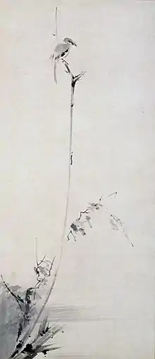 Pie-grièche juchée sur une branche sèche, encre sur papier, signée (nom d'artiste) Niten. 54 × 125, Musée des Beaux-Arts Kubosō.