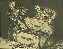 Illustration en noir et blanc représentant deux hommes découvrant un cadavre dans une malle.