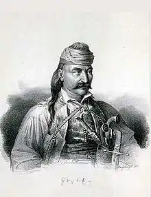 gravure noir et blanc : portrait d'un homme en armes, moustachu avec les cheveux longs