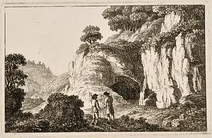 Deux personnes devant une grotte rocheuse (eau-forte, coll. priv.).