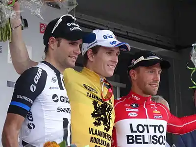 Podium de l'édition 2014 du Championnat des Flandres : Luka Mezgec (2e), Arnaud Démare (1er) et Jonas Van Genechten (3e).