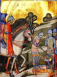 Enluminure représentant un soldat venant de décapiter à la hache un homme à genoux sous le regard d'un cavalier et de plusieurs fantassins.