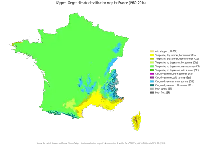 Classification Köppen–Geiger de la France sur la base des données 1980-2016.