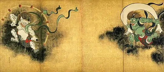 École Rinpa. Ogata Kōrin Raijin, dieu de la foudre et Fujin, dieu du vent. 2 écrans. H 181,8 x L 164,5 cm chaque. Encre et couleurs / feuille d'or / papier