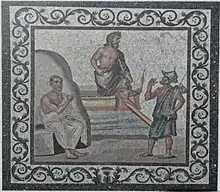 Mosaïque du IIe – IIIe siècle, de l'île de Kos, Grèce, encadrée par deux branches de rinceaux, dont la forme est parmi les plus classiques dans l'art romain.