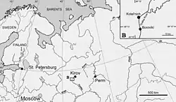 Carte montrant la localité de Kotelnich, en Russie, où Viatkogorgon a été découvert.