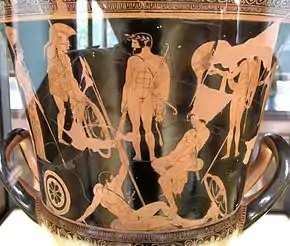 Héraclès et Athéna avec d'autres hommes sur la face A du cratère des Niobides (musée du Louvre).