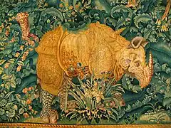 Tapisserie des Gobelins représentant un rhinocéros inspiré de Dürer