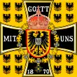 Dessin géométrique, fond jaune constellé d'aigles noirs, avec au centre une croix de fer noir surchargé de l'aigle prussien.