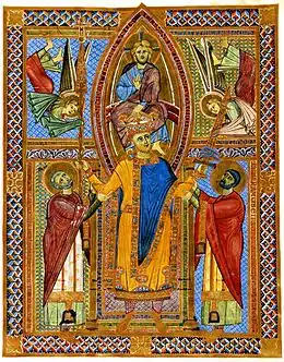 Sacramentaire d'Henri II, scène de couronnement de l'empereur, f.11r.