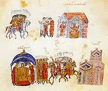 Deux scènes tirées d'un manuscrit représentant un groupe d'hommes à cheval et à pieds devant une cité fortifiée.