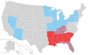 Implantations de White Castle aux États-Unis en 2008 (en bleu et en mauve). Les implantations de Krystal (en) sont en rouge et en mauve.