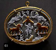 Poséidon entourés de chevaux à la course, seigneur des jeux isthmiques, Camée, vers le XVIIIe siècle, Musée d'histoire de l'art de Vienne, Autriche.