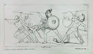 Illustration de John Flaxman gravé par Tommaso Piroli, Le Combat pour le corps de Patrocle, 1795.