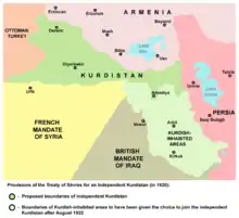 plan représentant les dispositions géographique du traité de Sèvres de 1920, avec le Kurdistan et au sud-est la zones peuplée de Kurdes, libre de rejondre le Kurdistan en 1922, bordés par l'Empire ottoman, l'Arménie, la Perse, le mandat britannique en Irak et le mandat français en Syrie.