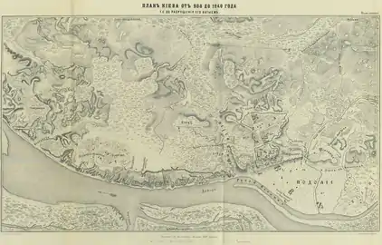 988-1240. Plan de Kiev de 988 à 1240. Reconstitution par Nikolaï Zakrevsky dans la Description de Kiev ("Описание Киева"), Moscou, 1868.