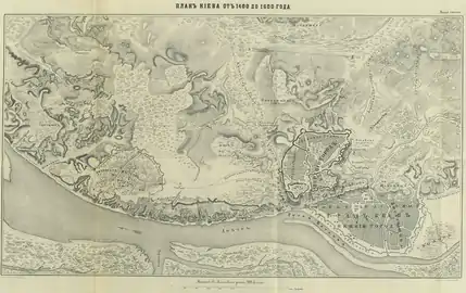 1400-1600. Plan de Kiev de 1400 à 1600. Reconstitution par Nikolaï Zakrevsky dans la Description de Kiev ("Описание Киева"), Moscou, 1868.