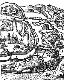 1638. Illustration de la Тератургіма (Teratourguima) d'Athanase Kalnofoïski, vue de la Laure de Petchersk. Ermitages autour de la Laure et jusqu'à Podil.