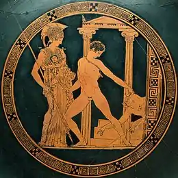 Céramique représentant un homme nu traînant par les cornes un homme à tête de taureau sous le regard d'une femme en armure.