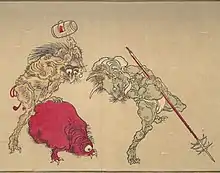 Dessin de trois monstres sur papier nu : une sorte de gros cafard rouge à un œil, un petit démon beige avec un marteau sautant sur le cafard, et un démon vert avec une lance.