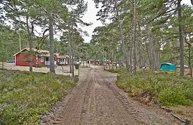 Chalets en bois rouge à gauche et tente à droite, le tout dans une forêt de pin.