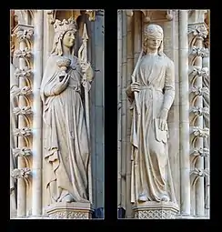 L'Église, côté gauche du portail, la Synagogue, côté droit, inspirées des statues du portail du bras sud du transept de la cathédrale de Strasbourg.