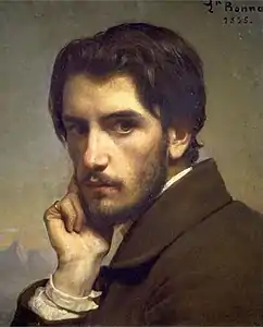 Portrait d’un homme brun tourné de trois quarts, le menton appuyé sur sa main droite.