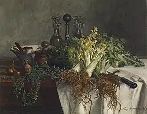 Nature morte sur une table de cuisine avec céleri, persil, bol et croquettes (1865), Baltimore, Walters Art Museum.