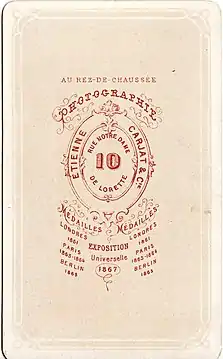 Verso d'une photo-carte de visite, rue Notre-Dame-de-Lorette, après 1869.