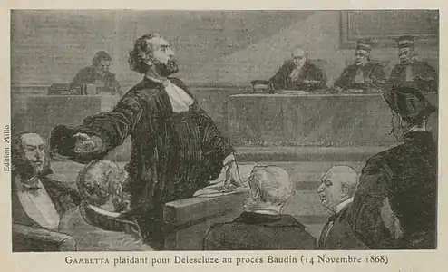 Gambetta plaidant pour Charles Delescluze au procès Baudin, le 14 novembre 1868.