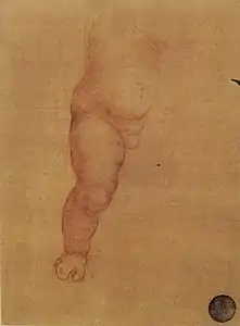 Dessin à la sanguine sur papier ocre représentant le bas du torse et la jambe droite d'un très jeune enfant debout.