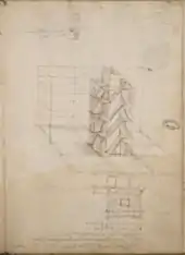 Page manuscrite sur laquelle est dessinée en plan de masse des escaliers.