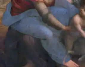 Peinture d'un drapé enveloppant les jambes d'une personne dont on voit les bras qui sont tendus vers un bébé.