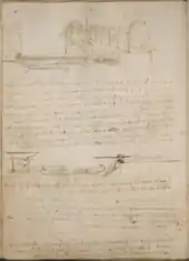 Page manuscrite sur laquelle est dessinée en vue de côté la base d'un immeuble au-dessous duquel s'écoule un canal. De l'écriture manuscrite recouvre la feuille.