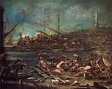 Embarquement d’esclaves dans des galères du port de Gênes : des hommes enchaînés sont tirés sur des péniches qui les mènent aux galères