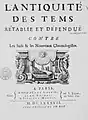 Paul-Yves Pezron : L'Antiquité des Tems rétablie et défenduë contre les juifs & les nouveaux chronologistes, 1687, page de couverture.