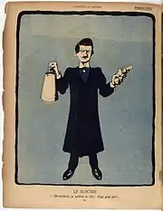 Homme tenant un bidon de lait dans une main, un pistolet dans l'autre