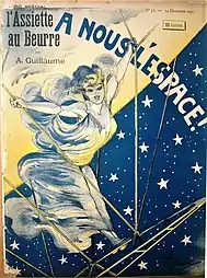 Couverture d'une revue représentant une femme souriante à bord d'une sorte d'aéronef sur fond de ciel étoilé.