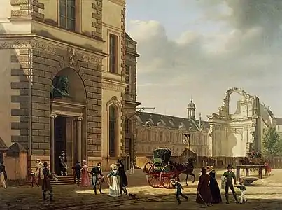 L'entrée du musée du Louvre et les ruines de l'abside de Saint-Louis-du-Louvre, par Étienne Bouhot en 1822, musée Carnavalet.