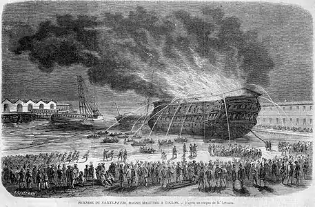 Incendie du Santi-Petri, Bagne maritime de Toulon, la nuit du 5-6 janvier 1862, gravure de Jules Gaildrau d'après Letuaire paru dans L'Illustration en janvier 1862.
