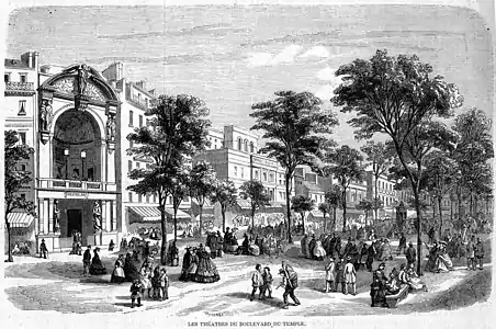 Les théâtres du boulevard du Temple en 1862 avant destruction ; à gauche : théâtre Historique/théâtre Lyrique (L'Illustration, 1862).
