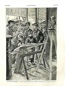 « L'agitation boulangiste. Les “amis du général” s'inscrivant sur le registre de protestation, aux bureaux de La Cocarde » (L'Illustration 24 mars 1888).