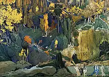 Peinture d'un paysage luxuriant aux teintes très jaune, avec de petits personnages en avant-plan.