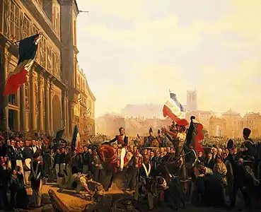 Louis-Philippe, duc d'Orléans, nommé lieutenant général du Royaume, arrive à l'hôtel de ville de Paris (1837), réduction du tableau de Charles-Philippe Larivière, Versailles, musée de l'Histoire de France.