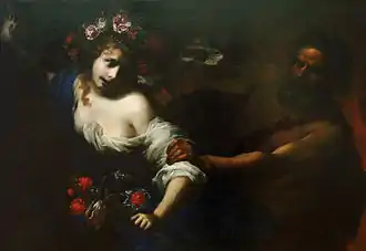 Peinture représentant une jeune femme avec une couronne de fleurs et un homme barbu à la peau et aux cheveux sombres.