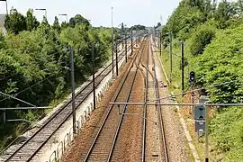 Vue de la ligne Paris – Le Havre avant la gare d'Yvetot, en direction du Havre.