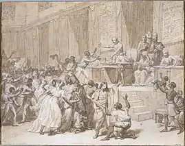 L'insurrection des esclaves de Saint-Domingue se prolonge à Paris. Les Hommes de couleur libres entrent dans la Convention, en France, et demandent l'abolition de l'esclavage dans l'empire colonial d'Ancien Régime, 1794. Jeanne Odo est à la tribune avec une jeune fille.